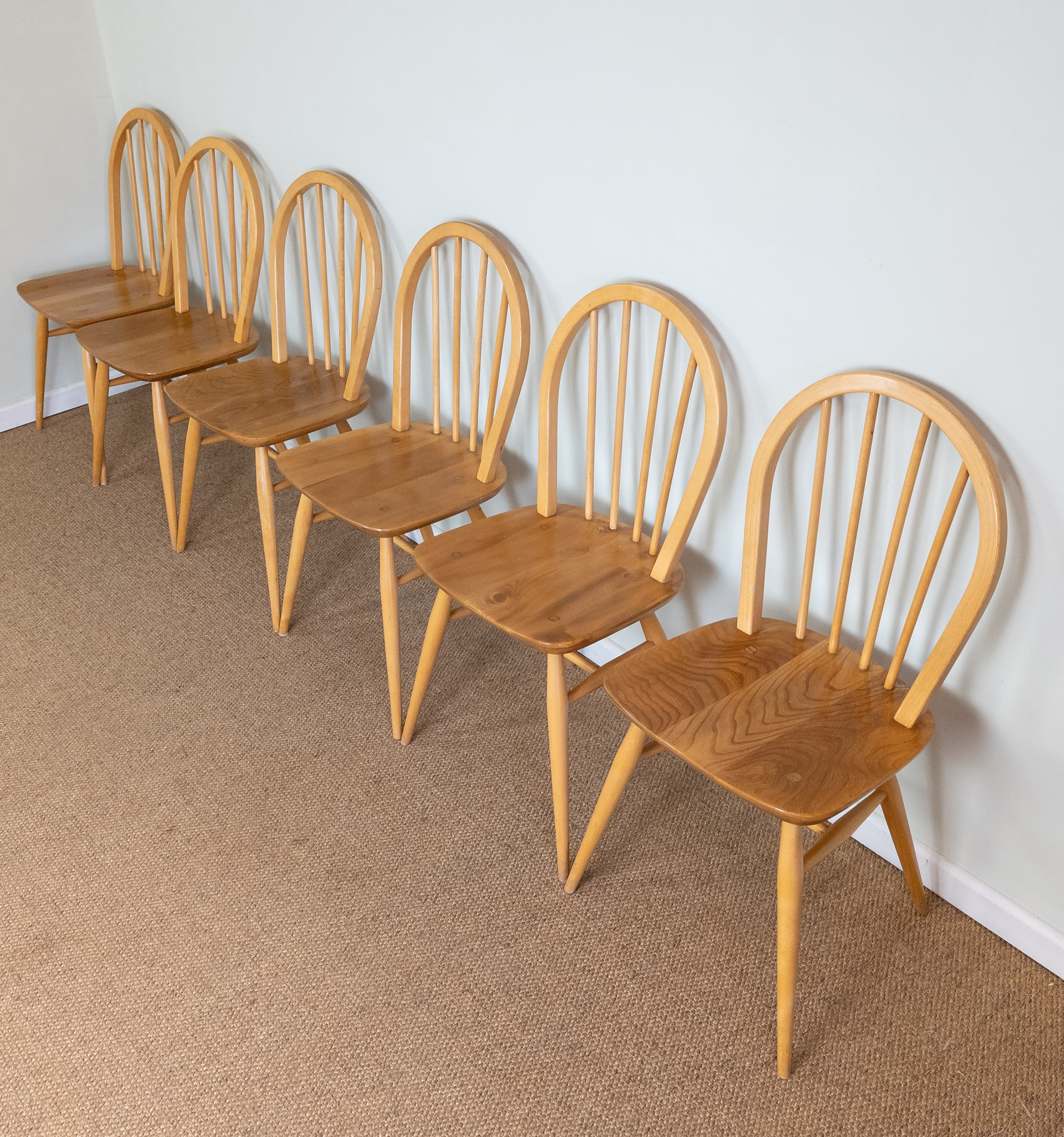 Set of 6 Vintage Light Blonde Ercol Windsor Hoop Back Dining chairs Elm & Beach