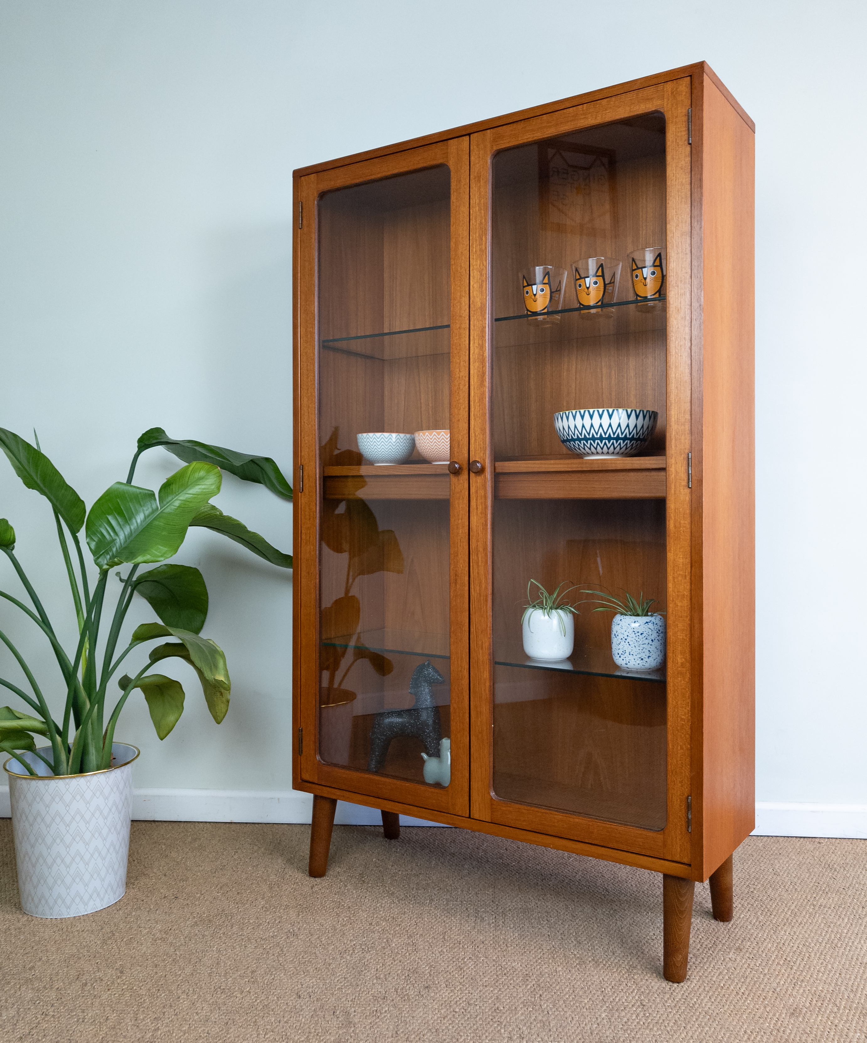 Refinished Vintage Mid Century Teak G-Plan Glazed Bookcase Display Drink Cabinet