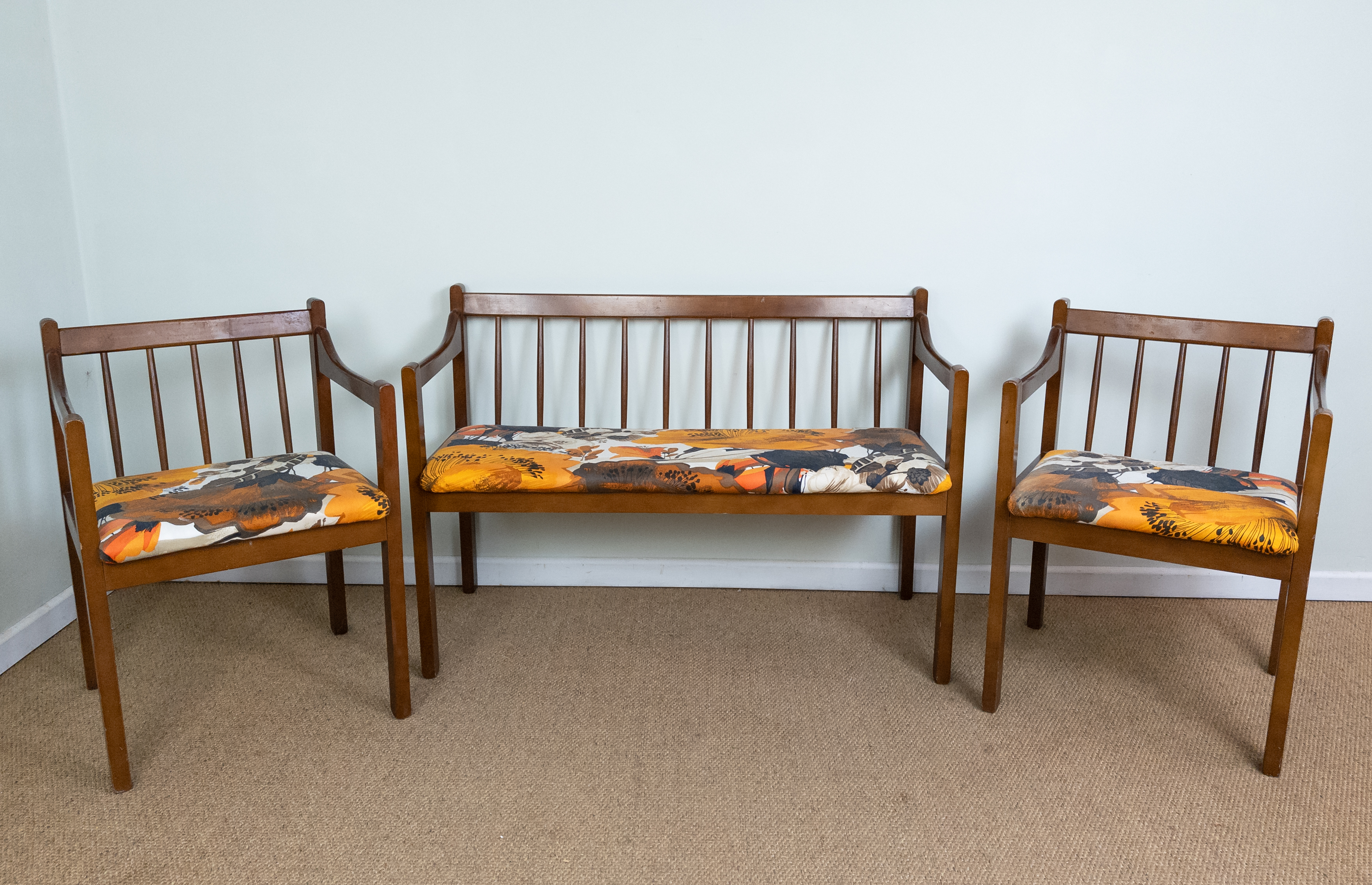 Vintage Mid-Century Teak Kitchen Bench and 2 Chairs Set with Upholstered Seats