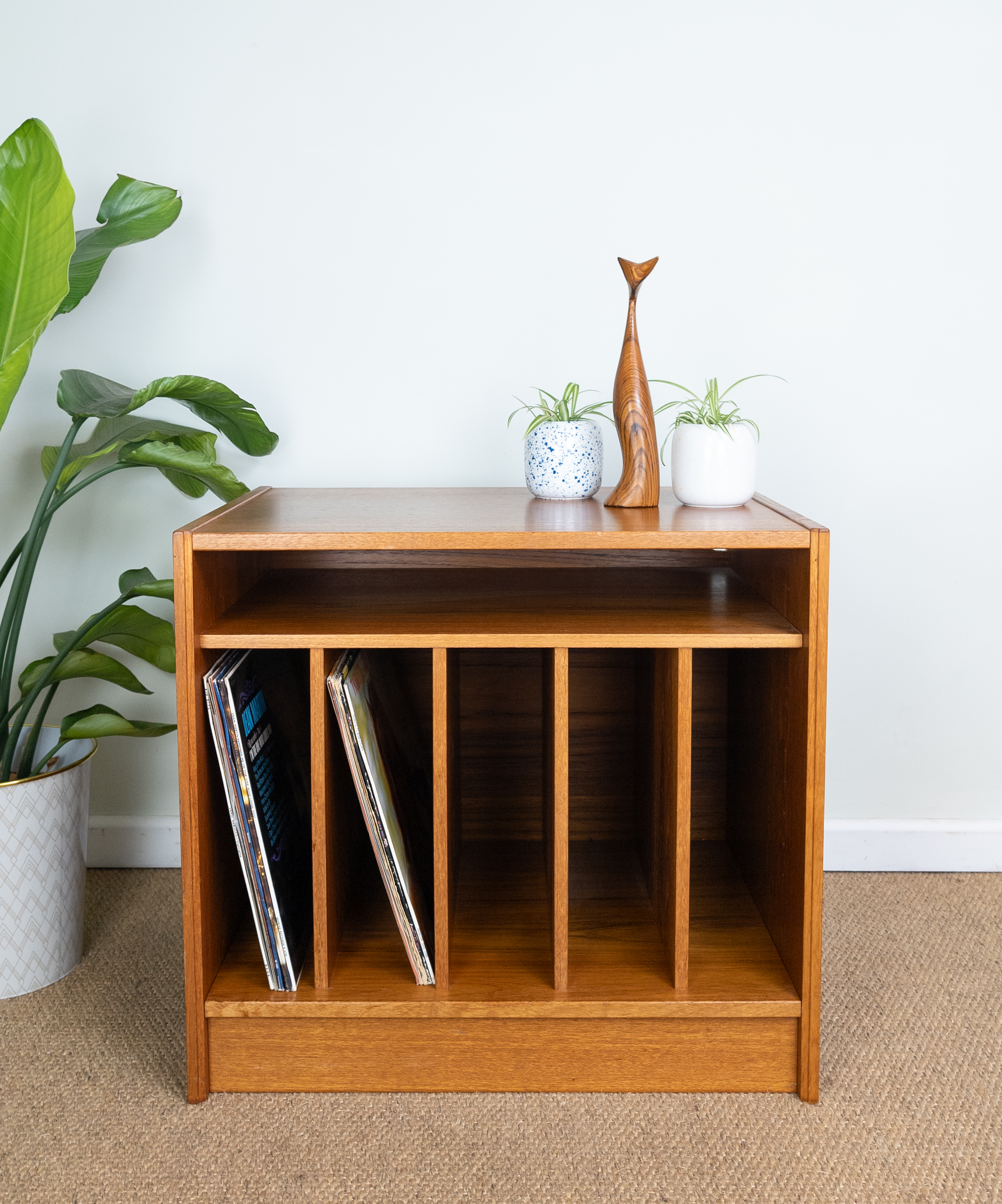 Vintage Mid-Century Danish Teak Record Cabinet Shelves Small Sideboard