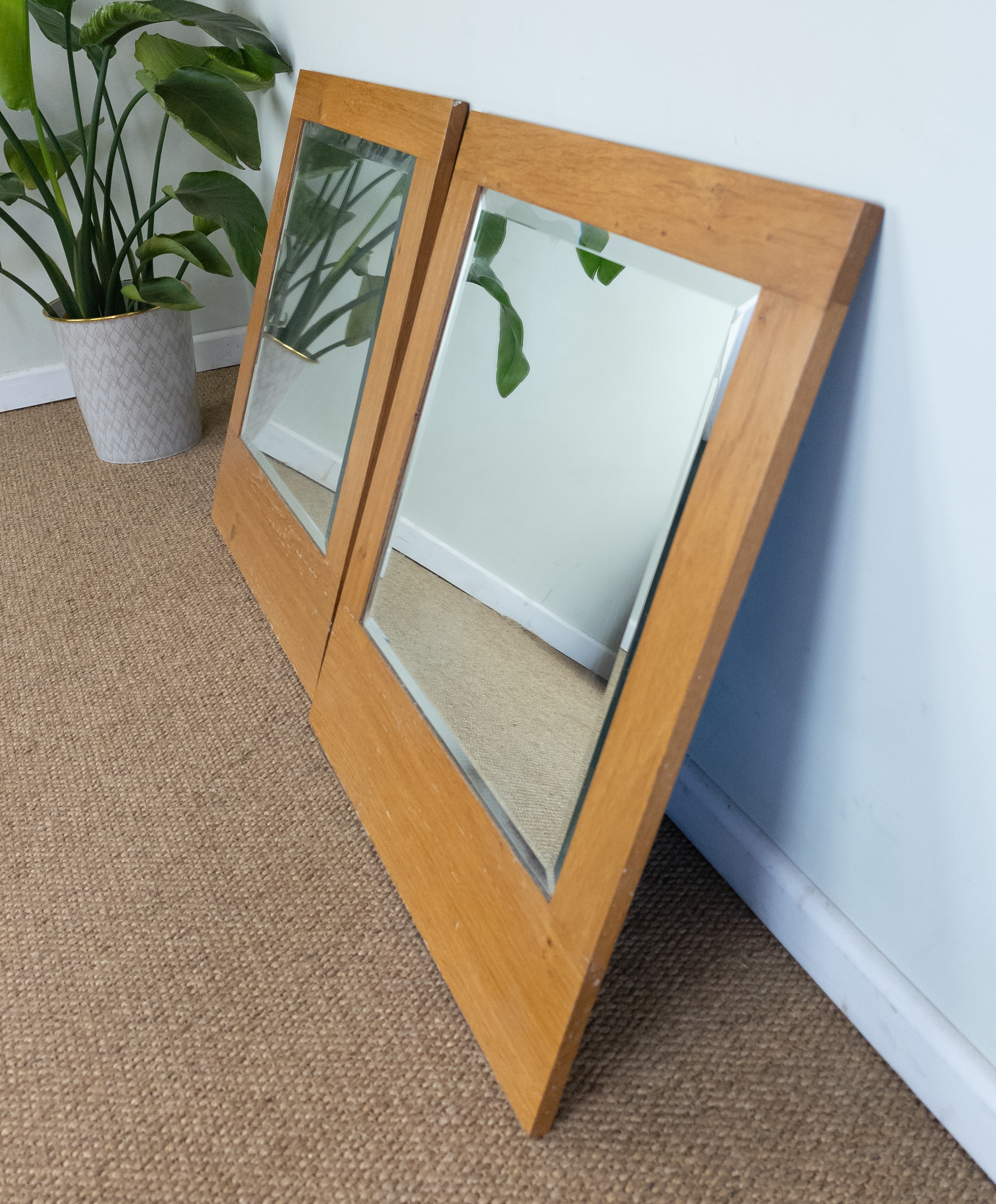 Pair of Vintage Mid-Century Bevel Edge Light Oak Framed Mirrors 55cm x 63cm