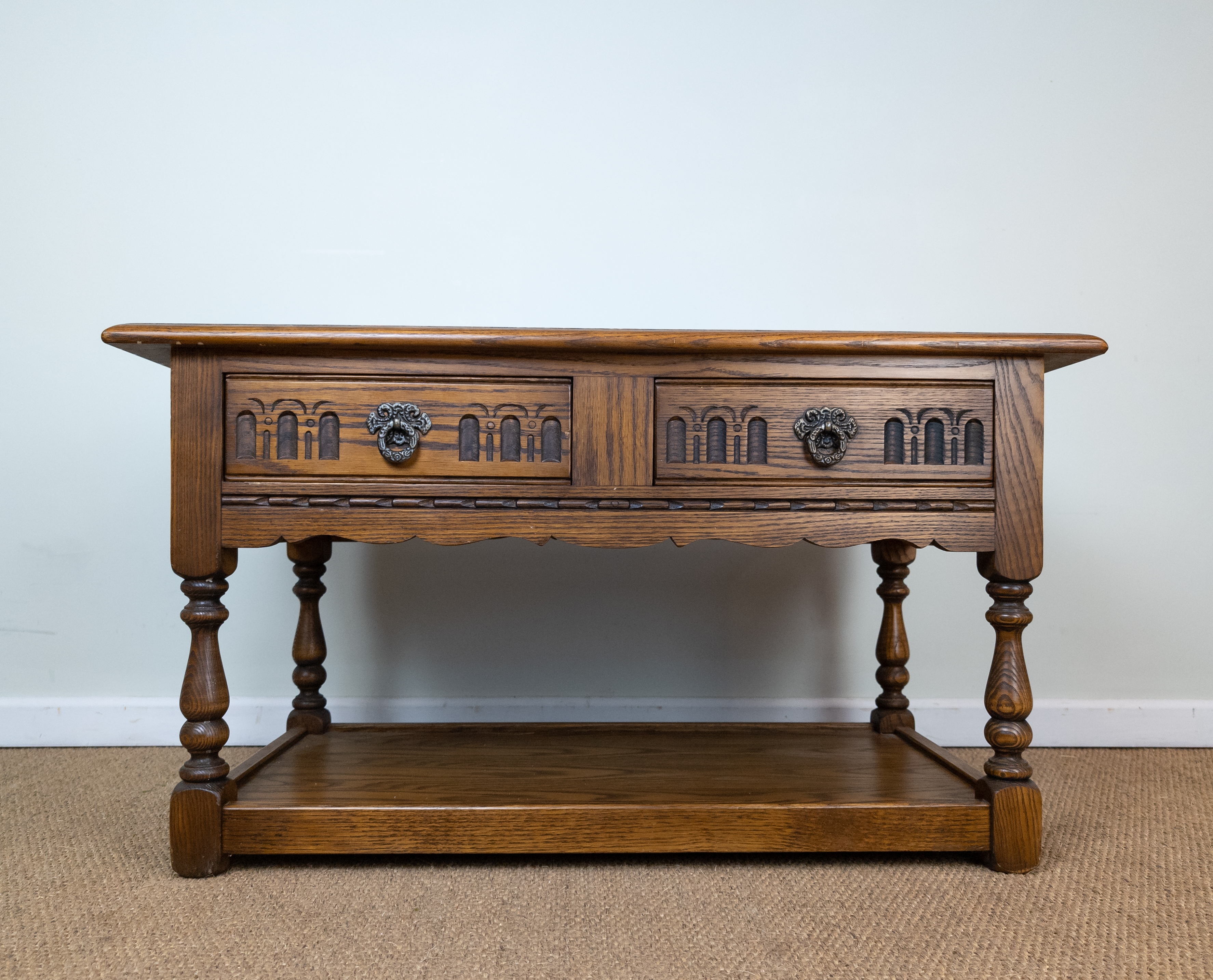 Vintage Old Charm Oak Coffee Table Double Sided with Drawers Gothic Country Style