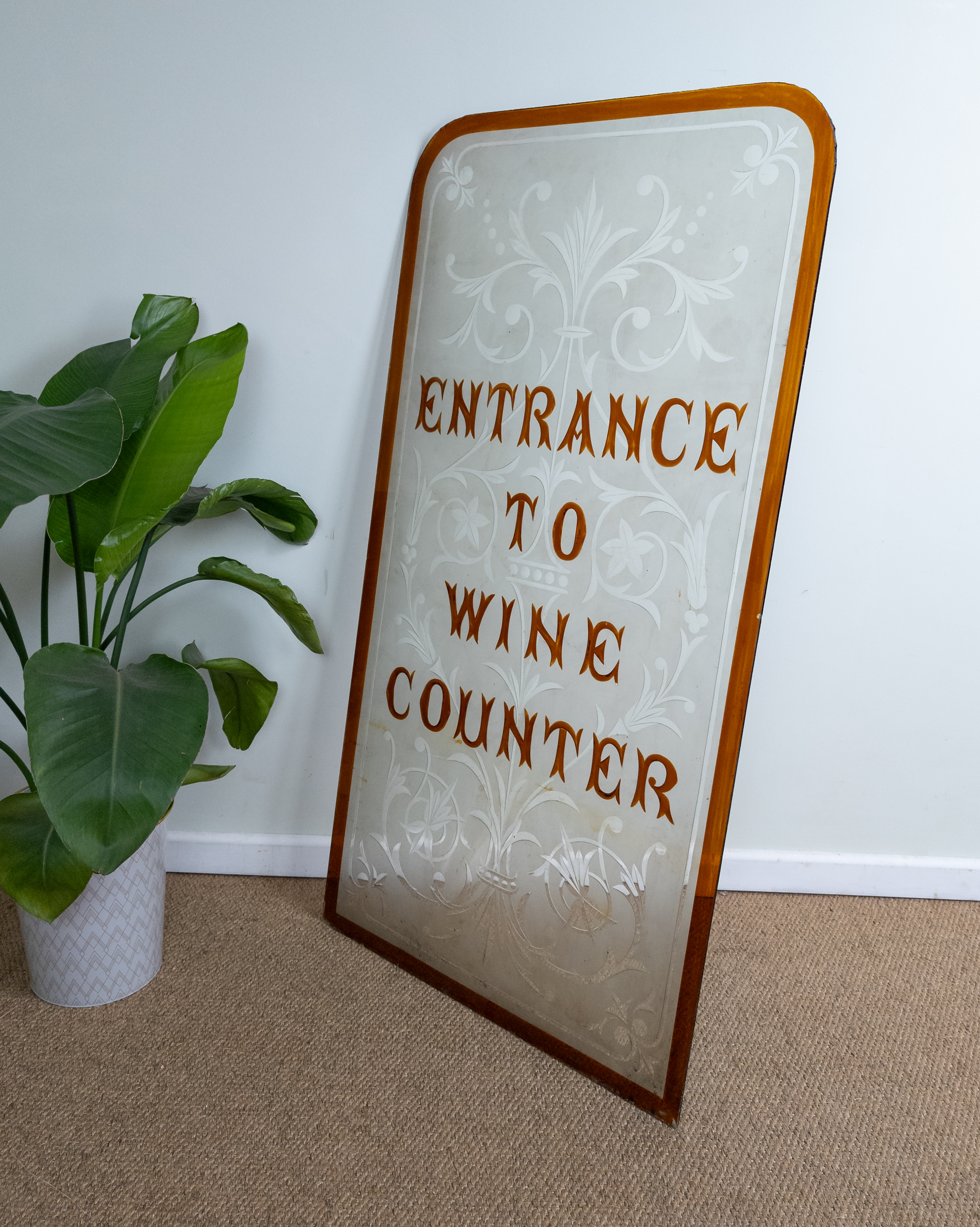 Antique Vintage Glass 'Wine Counter' Bar Glass Sign Window Reclaimed Large 121cm