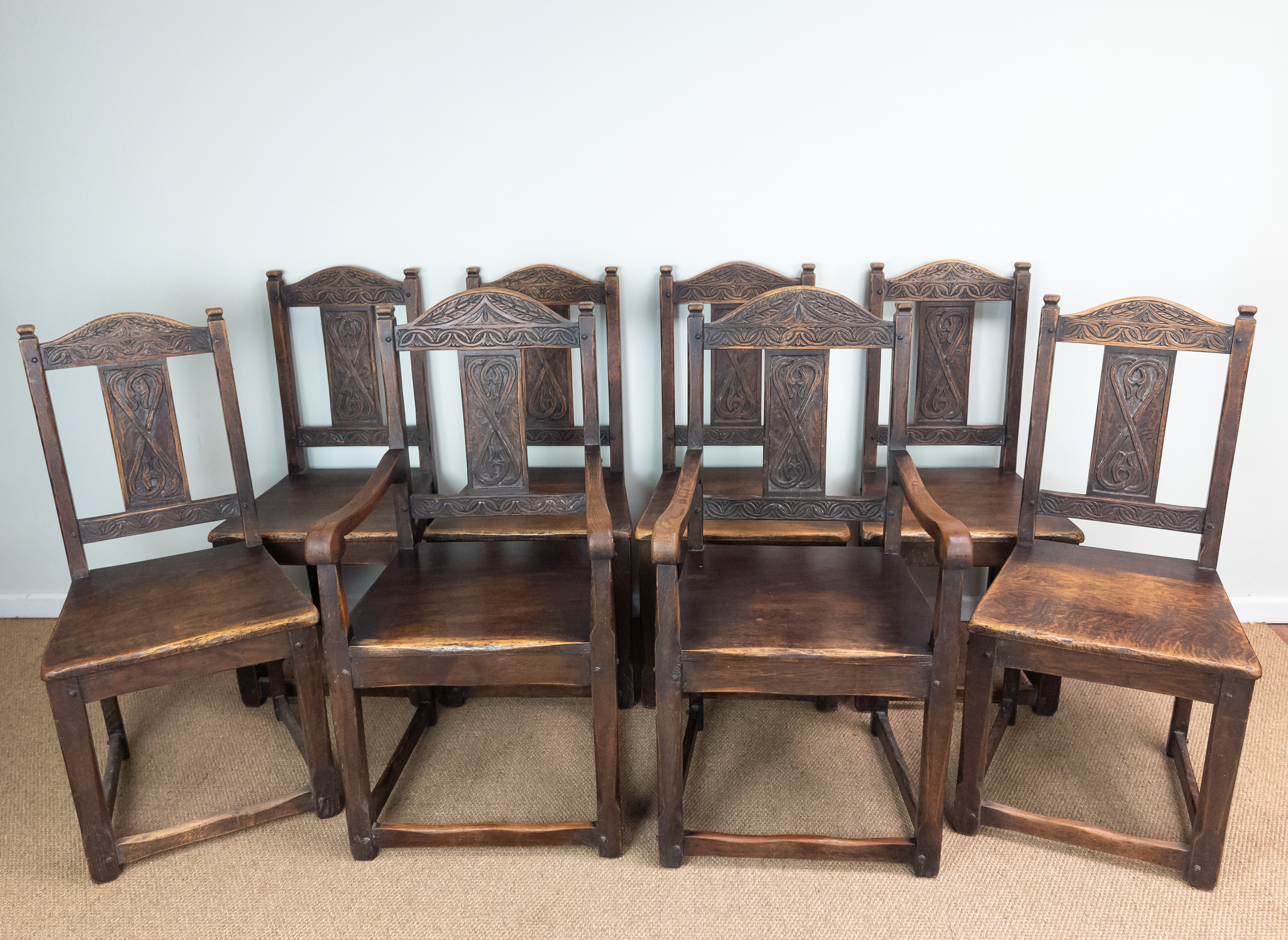 Set of 8 Carved Oak Vintage Antique Gothic Celtic Style Dining Chairs & Carvers