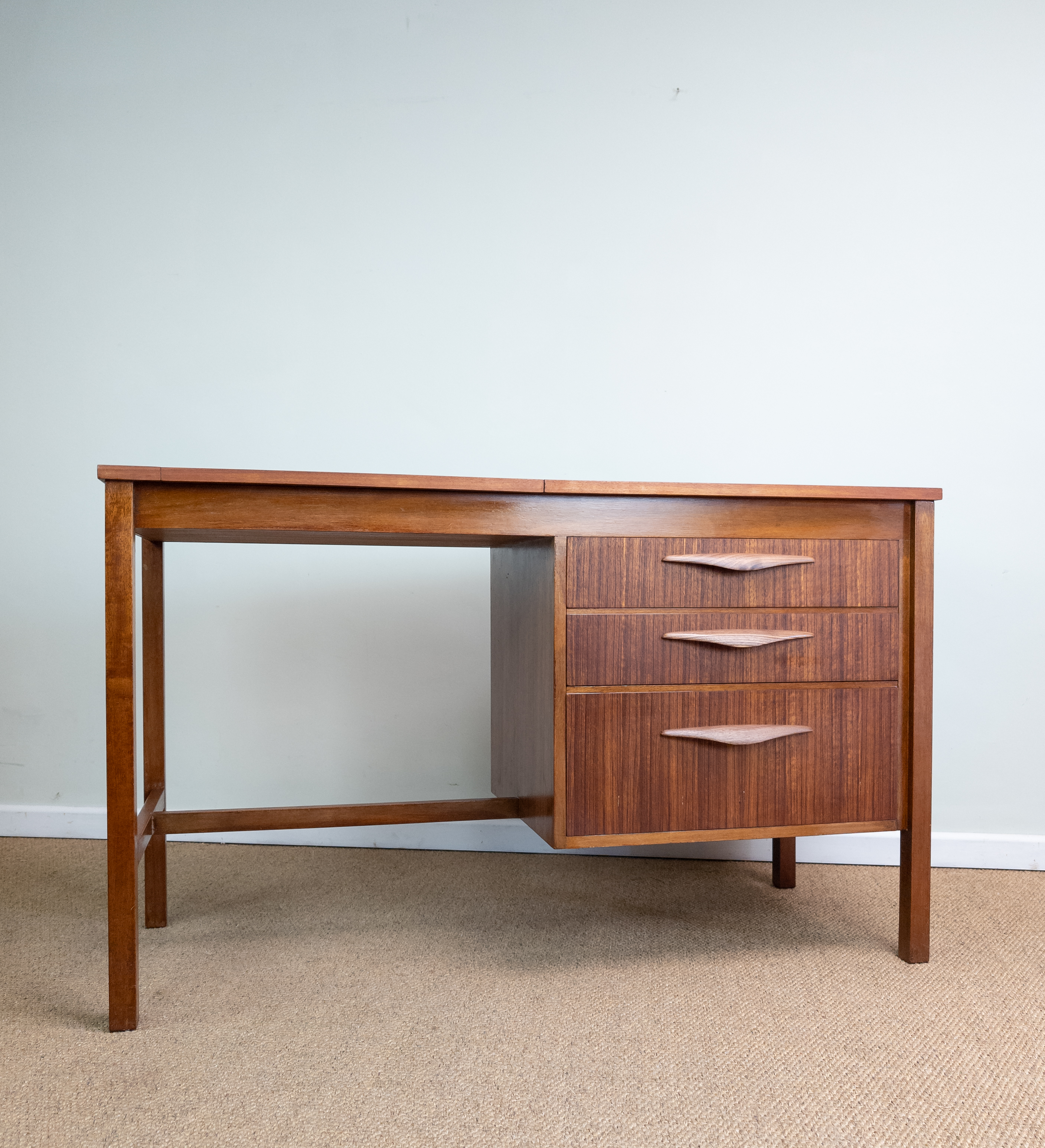 Refinished Vintage Mid-Century Teak Danish Style Pedestal Desk with Drawers
