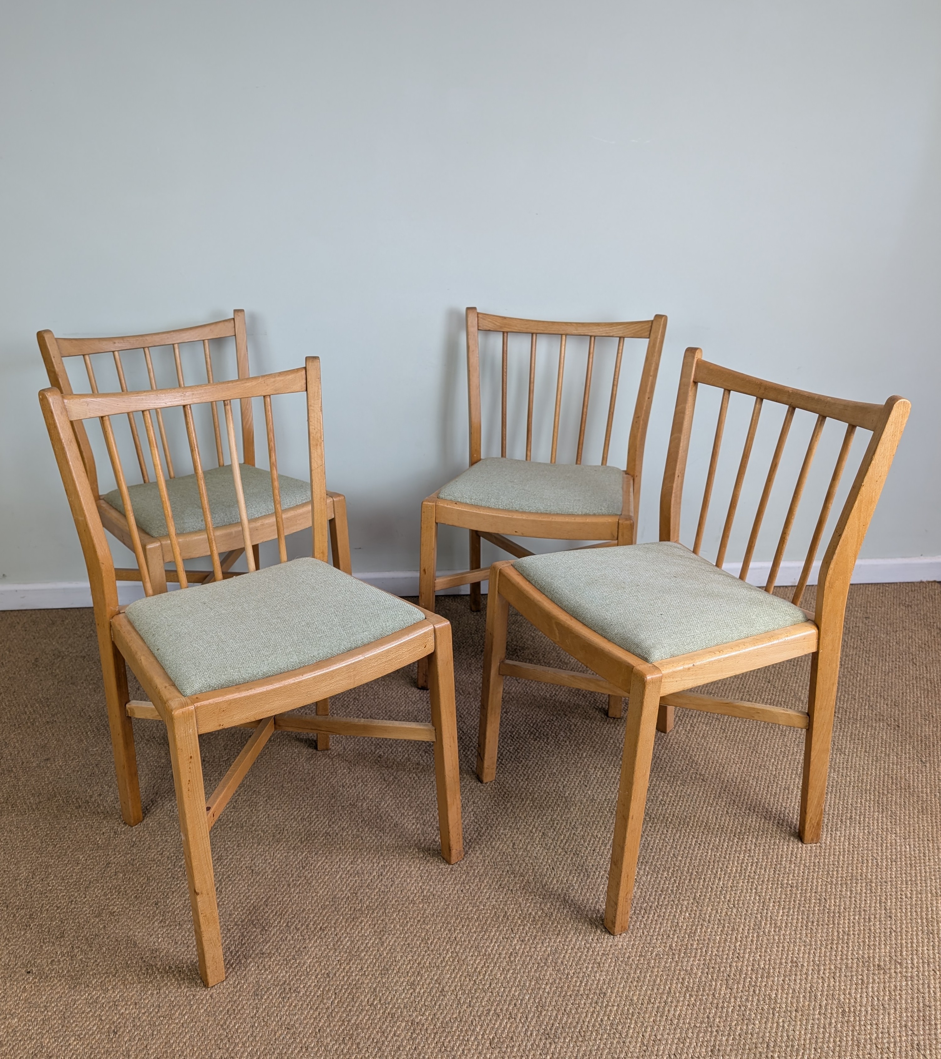 Set of 4 1950's Beech Framed Kitchen Chairs with Upholstered Seats