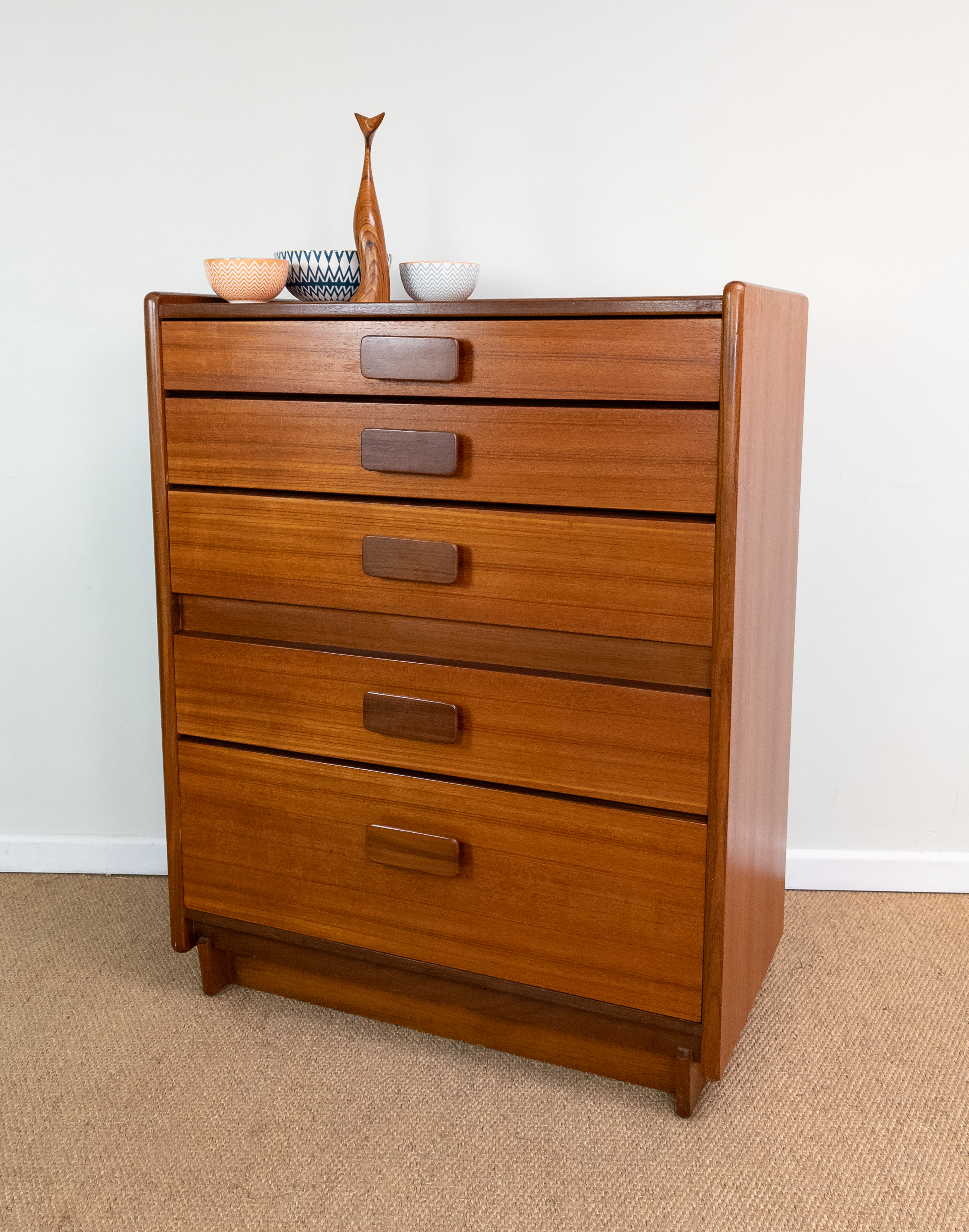 Refinished Vintage Mid-Century Teak White Newton Tall-Boy Chest of Drawers 102cm